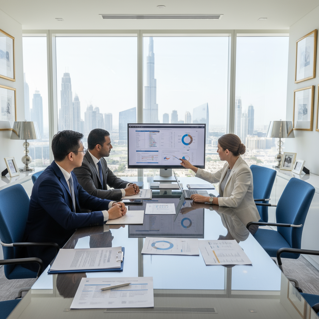 Professional business meeting with Dubai skyline